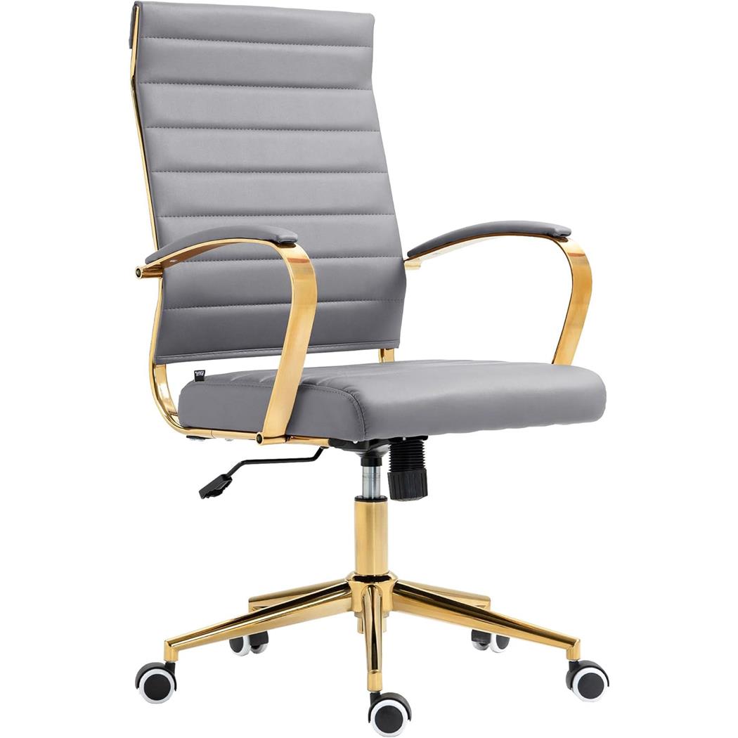Kontorstol KENNETH, Elegant Design, Guld Metalstel, I Gråt Læder