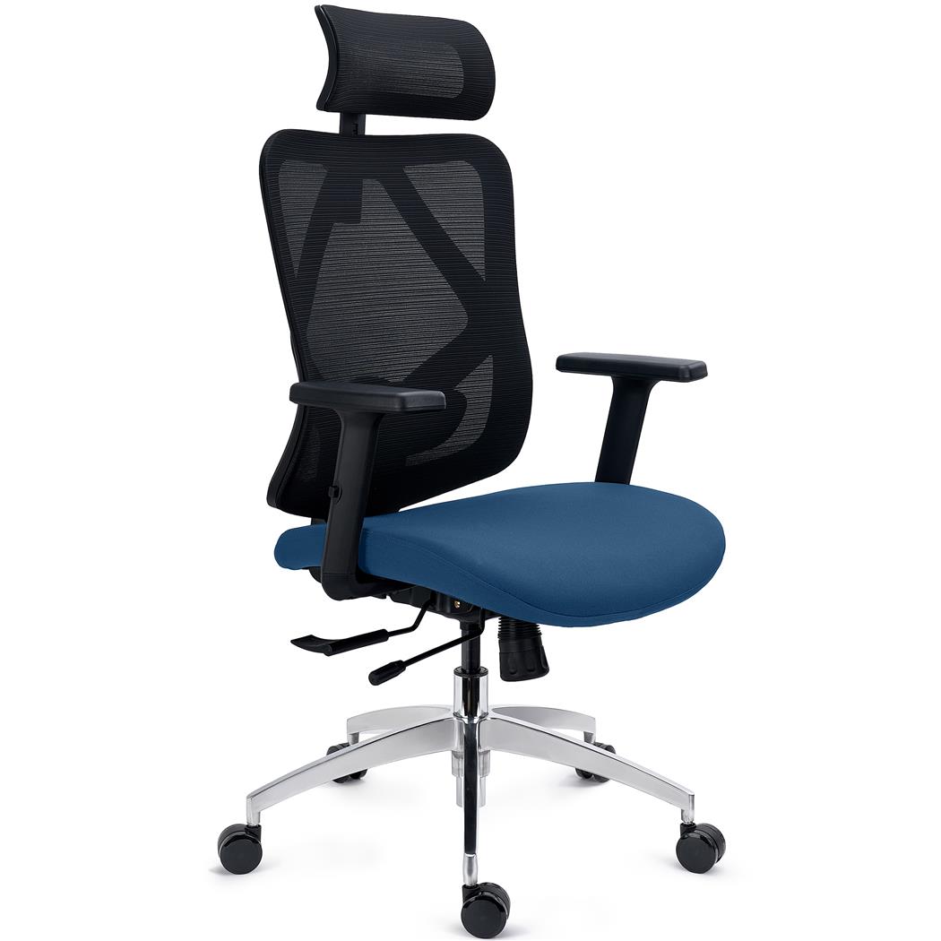 Ergonomisk Stol LONDON, Justerbar Lændestøtte, Justerbart Sæde, 3D-Armlæn, 8 Timers Brug, Blå Farve