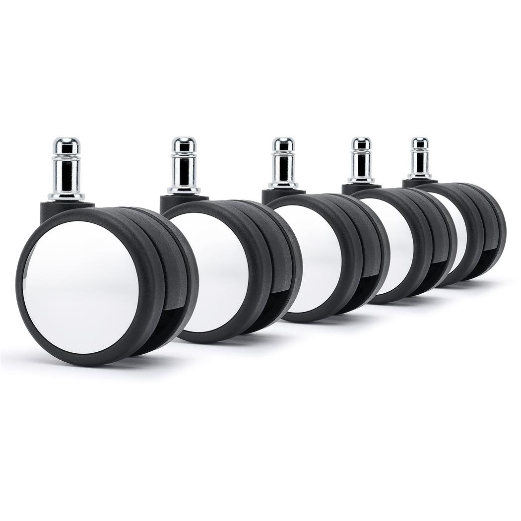 5x Plastikhjul til Kontorstole H2, 11 mm Stift / 50 mm Hjul, til Tæpper og Gulvtæpper, Sort/Hvid