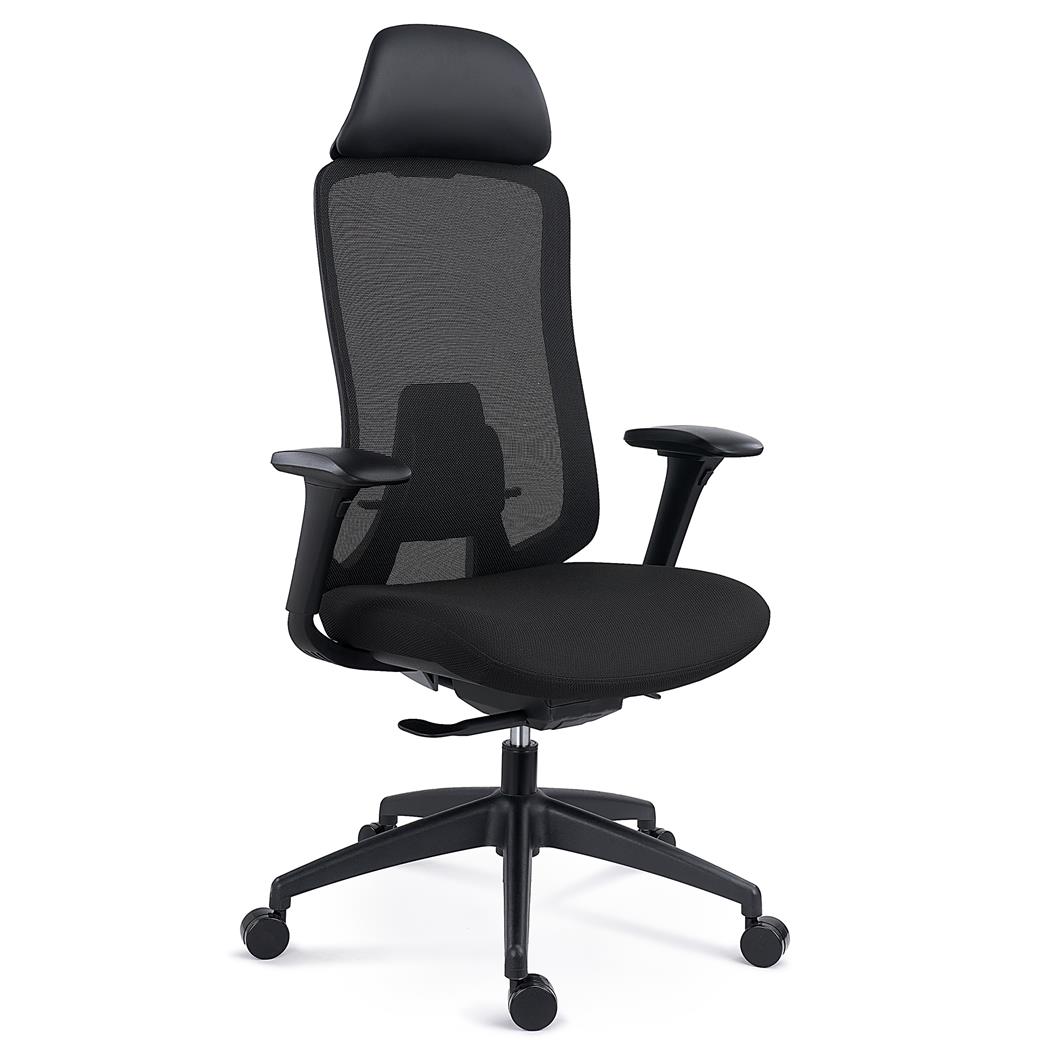 Ergonomisk Kontorstol FENIX med Nakkestøtte, Justerbar Lændestøtte, Brandhæmmende Stof, Sort