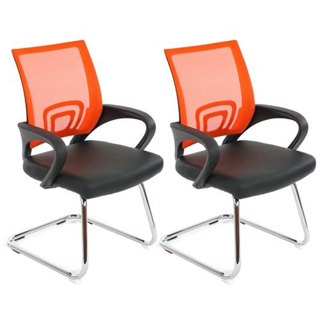 Sæt Med 2 Ergonomiske Konferencestole SEUL NET, Meget Komfortable, I Net Og Orange Læder