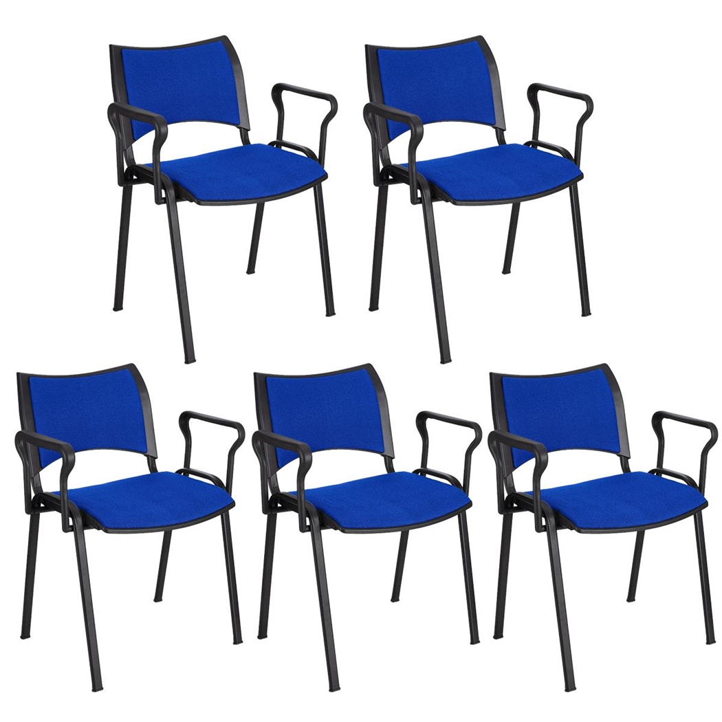 Sæt med 5 Konferencestole ROMEL MED ARMLÆN, Behageligt Polstrede, Stabelbare, Sorte Ben, I Blåt Stof