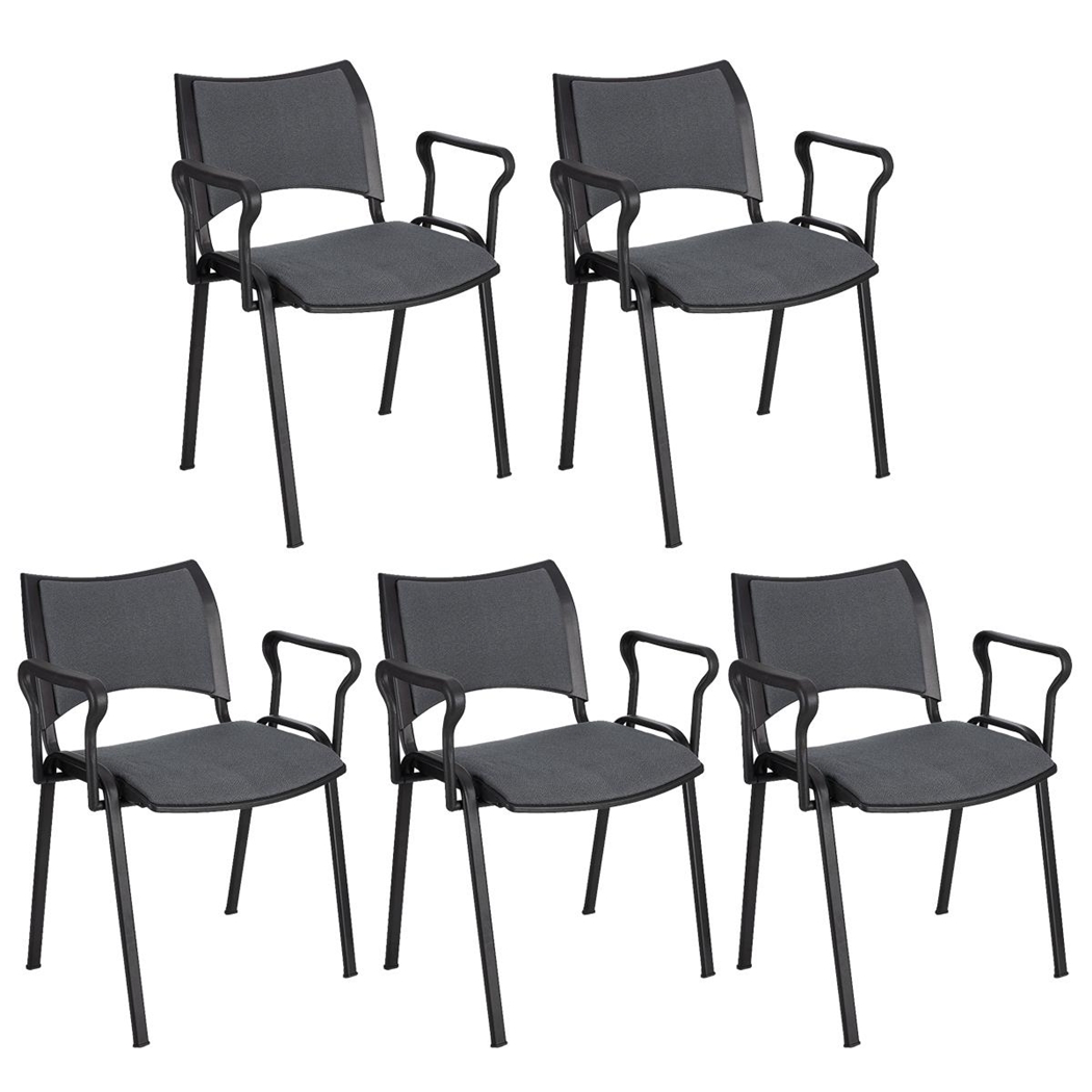 Sæt med 5 Konferencestole ROMEL MED ARMLÆN, Behageligt Polstrede, Stabelbare, Sorte Ben, I Gråt Stof