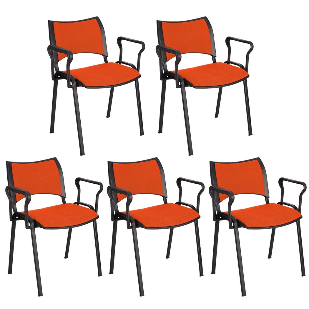 Sæt med 5 Konferencestole ROMEL MED ARMLÆN, Behageligt Polstrede, Stabelbare, Sorte Ben, I Orange Stof