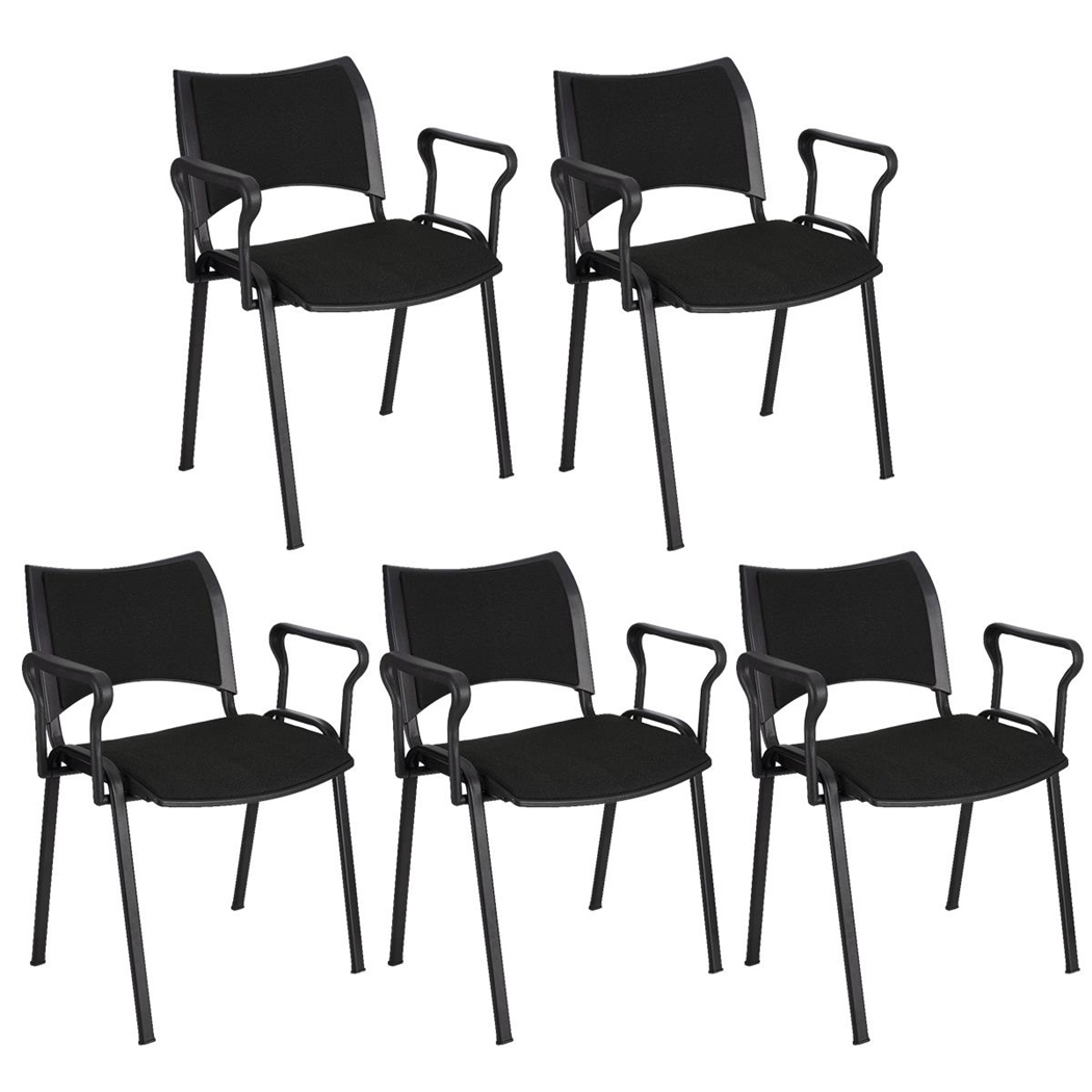 Sæt med 5 Konferencestole ROMEL MED ARMLÆN, Behageligt Polstrede, Stabelbare, Sorte Ben, I Sort Stof