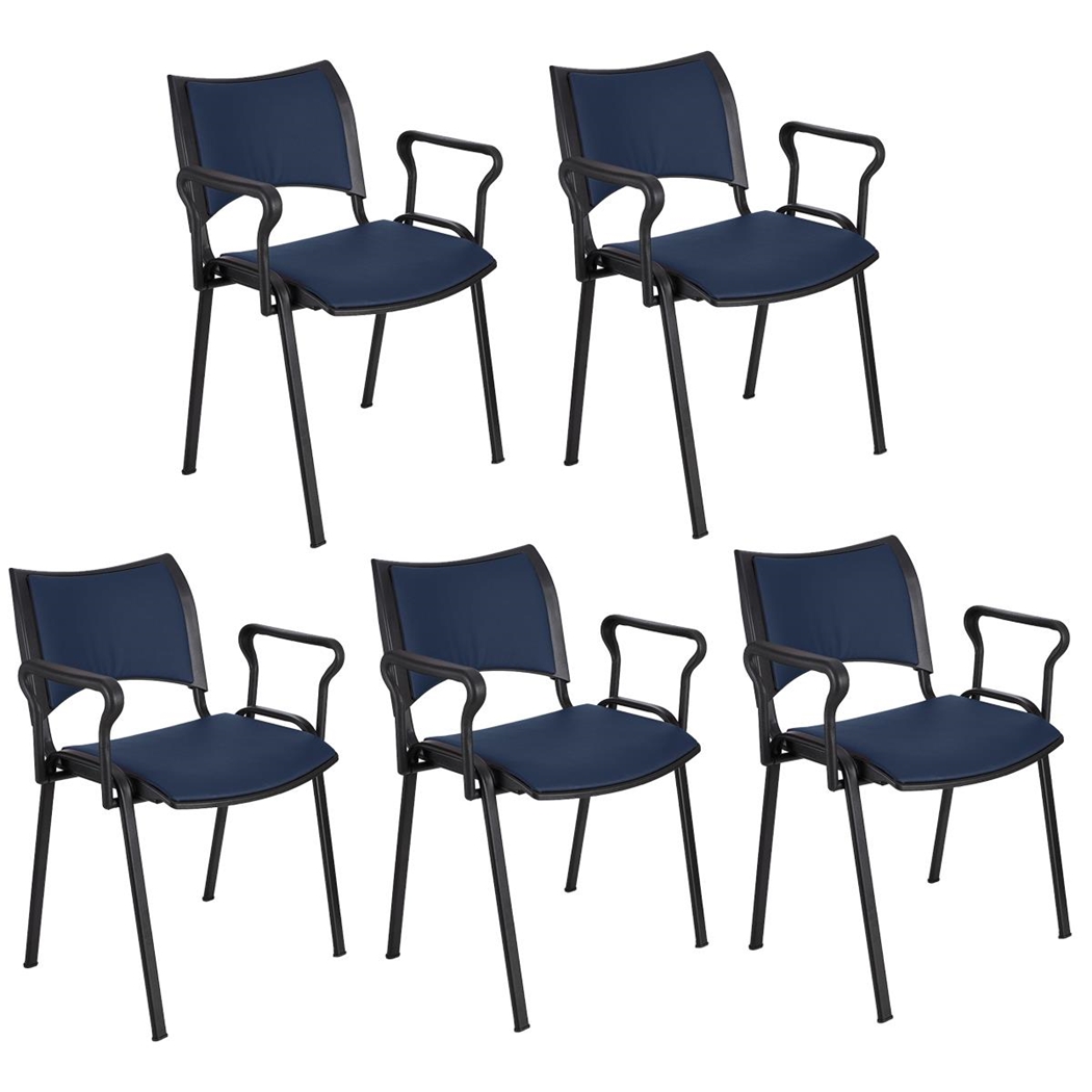 Sæt med 5 Konferencestole ROMEL MED ARMLÆN LÆDER, Behageligt Polstrede, Stabelbare, Sorte Ben, I Blå