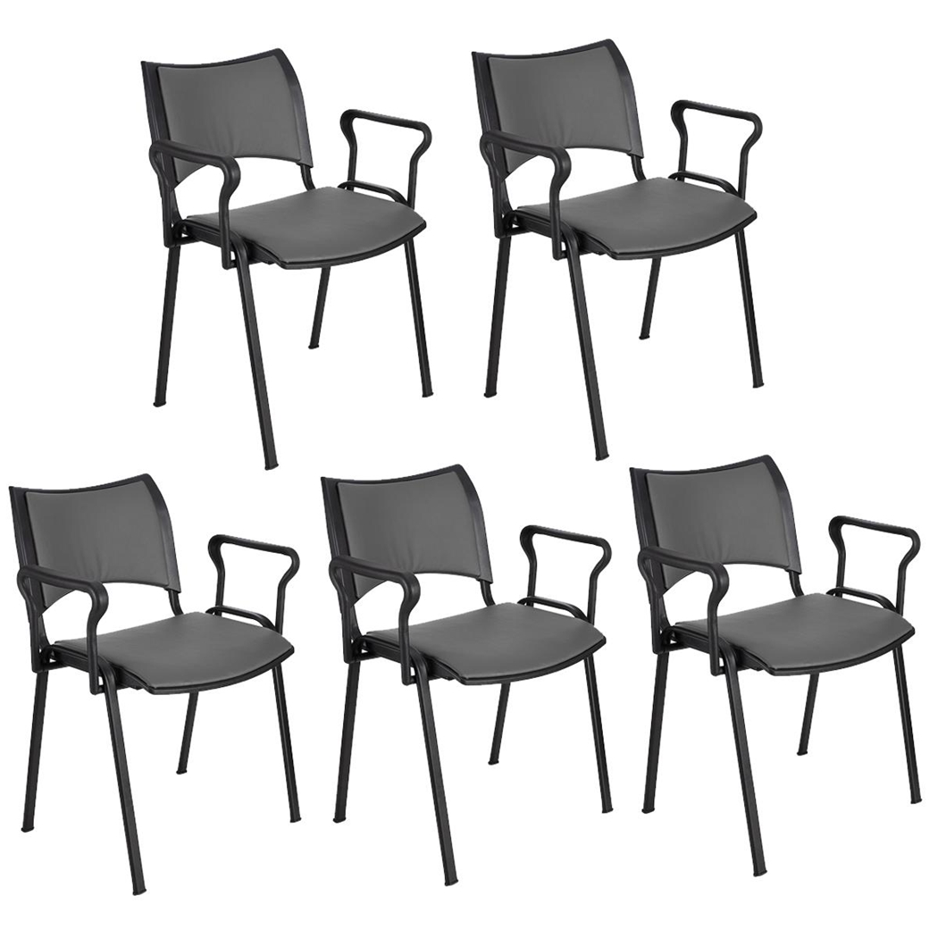 Sæt med 5 Konferencestole ROMEL MED ARMLÆN LÆDER, Behageligt Polstrede, Stabelbare, Sorte Ben, I Grå
