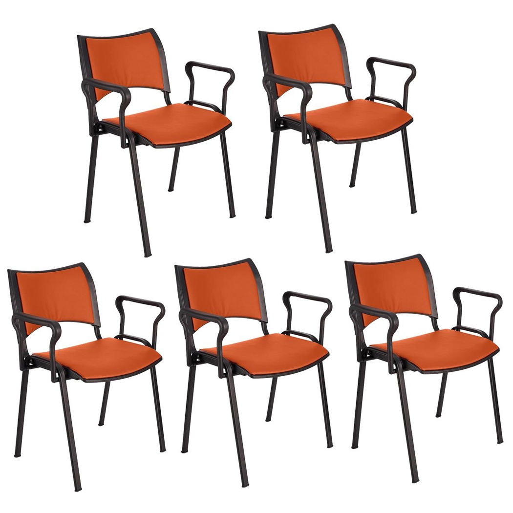 Sæt med 5 Konferencestole ROMEL MED ARMLÆN LÆDER, Behageligt Polstrede, Stabelbare, Sorte Ben, I Orange