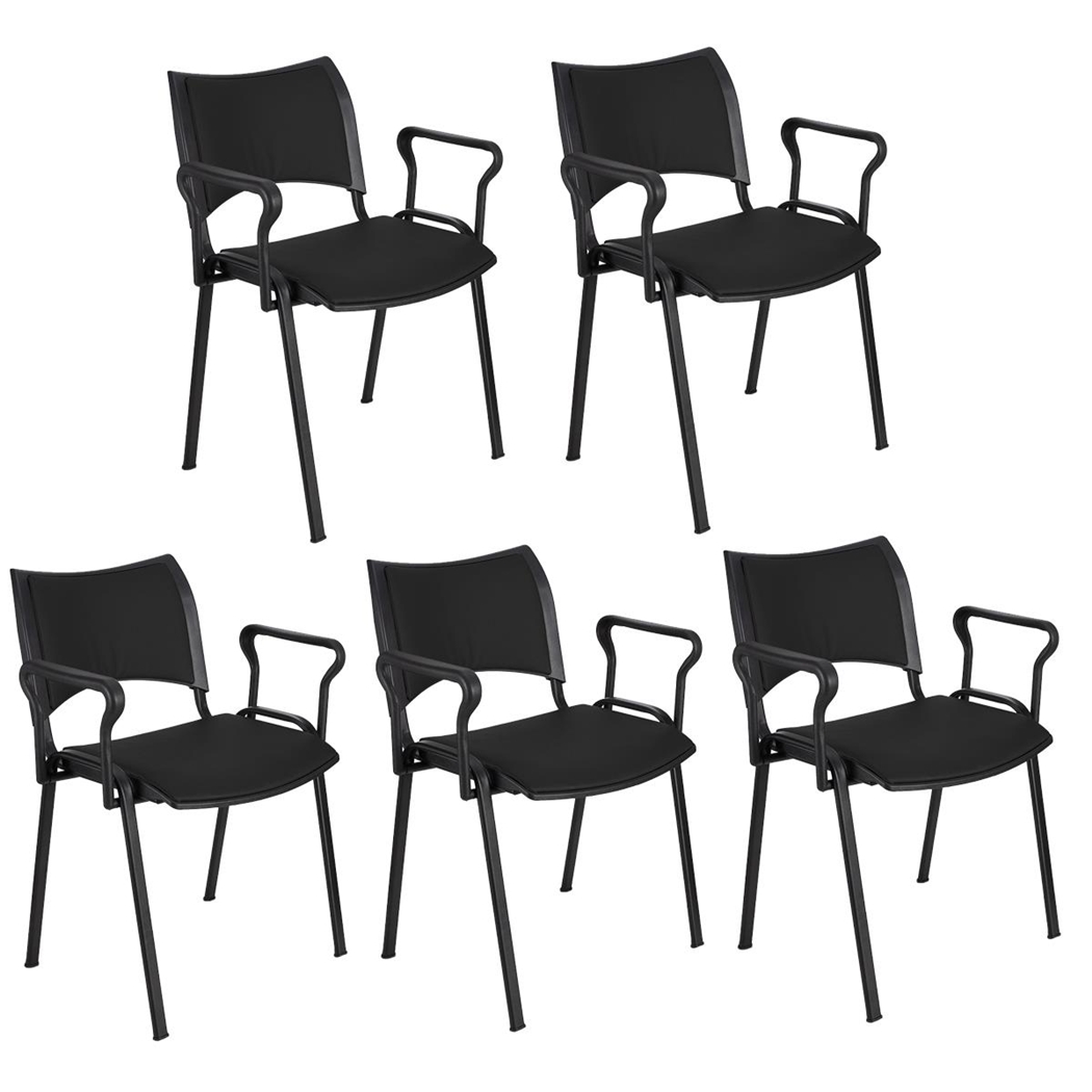 Sæt med 5 Konferencestole ROMEL MED ARMLÆN LÆDER, Behageligt Polstrede, Stabelbare, Sorte Ben, I Sort
