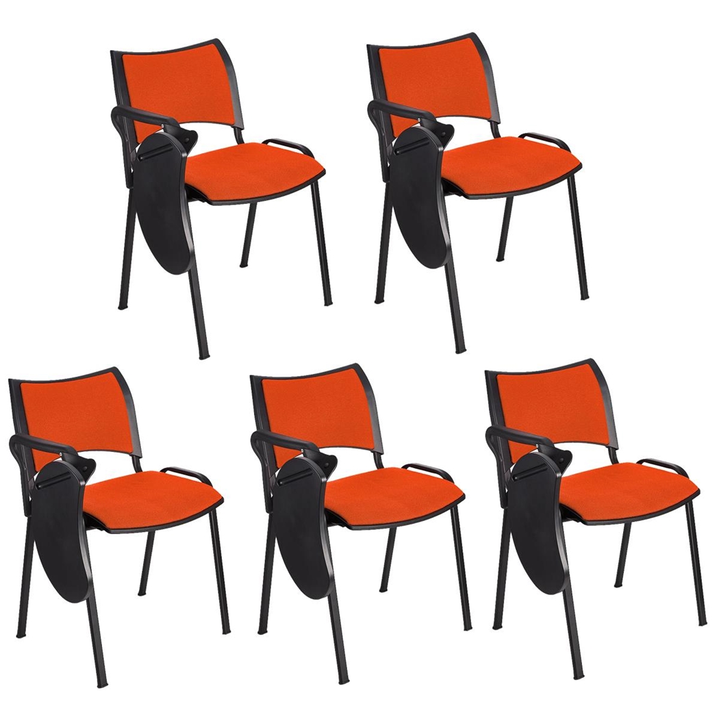 Sæt med 5 Konferencestole ROMEL MED BORD, Behageligt Polstrede, Stabelbare, Sorte Ben, I Orange Stof