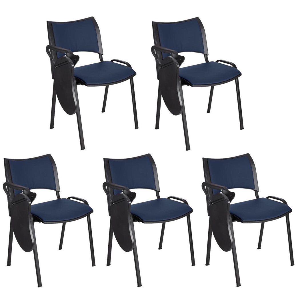 Sæt med 5 Konferencestole ROMEL MED BORD LÆDER, Behageligt Polstrede, Stabelbare, Sorte Ben, I Blå