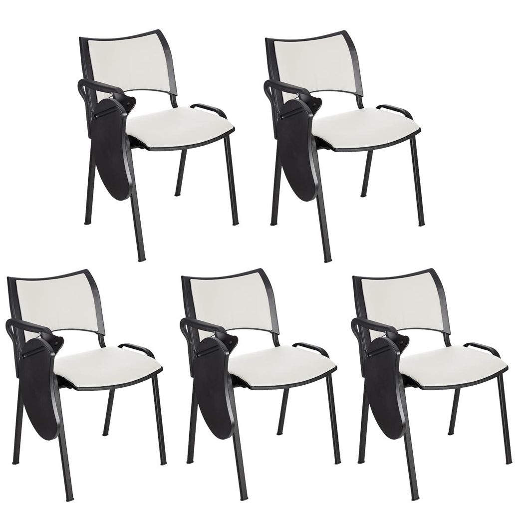 Sæt med 5 Konferencestole ROMEL MED BORD LÆDER, Behageligt Polstrede, Stabelbare, Sorte Ben, I Hvidt Stof