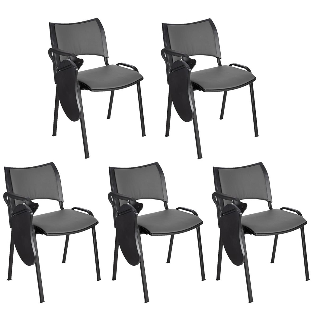 Sæt med 5 Konferencestole ROMEL MED BORD LÆDER, Behageligt Polstrede, Stabelbare, Sorte Ben, I Grå