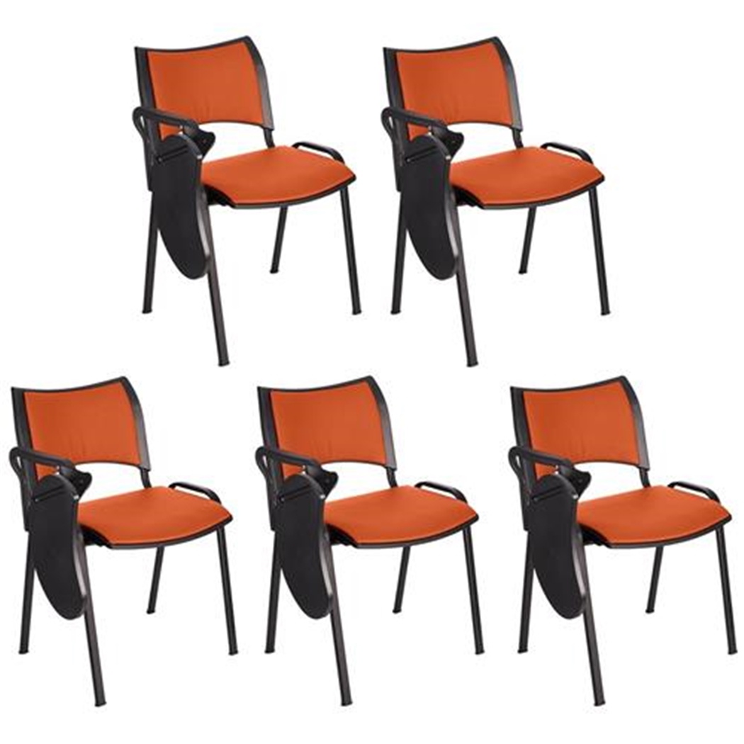 Sæt med 5 Konferencestole ROMEL MED BORD LÆDER, Behageligt Polstrede, Stabelbare, Sorte Ben, I Orange
