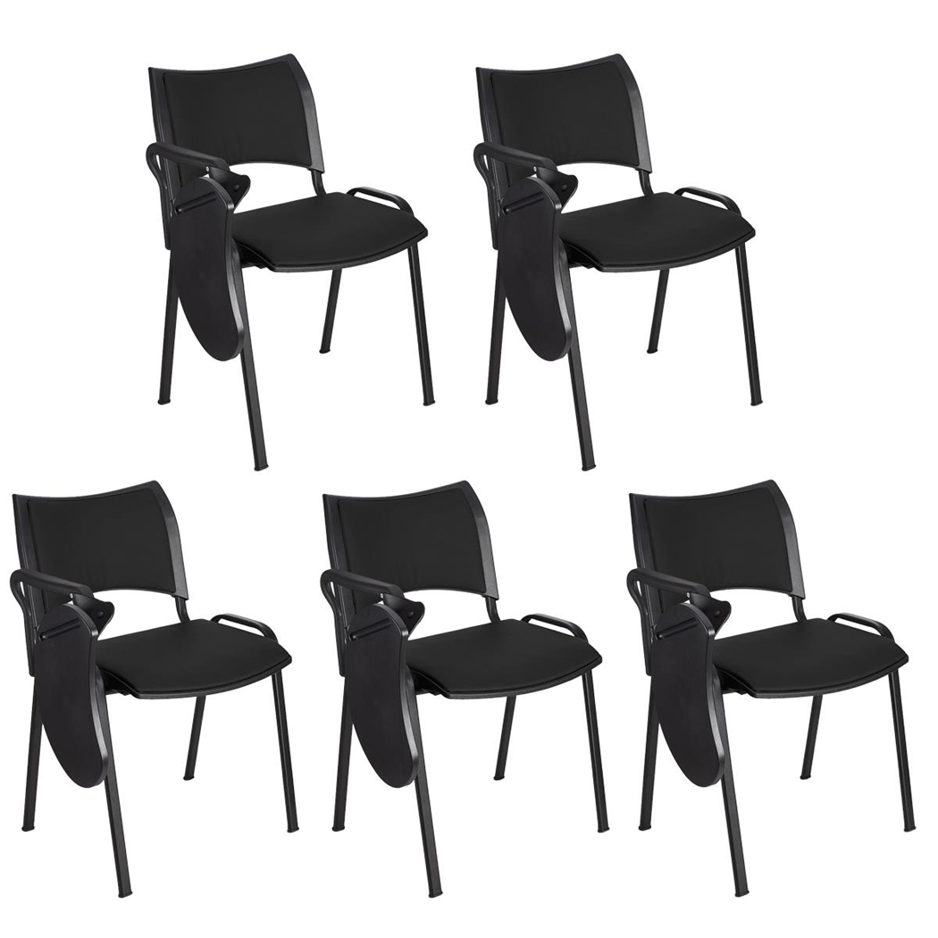 Sæt med 5 Konferencestole ROMEL MED BORD LÆDER, Behageligt Polstrede, Stabelbare, Sorte Ben, I Sort