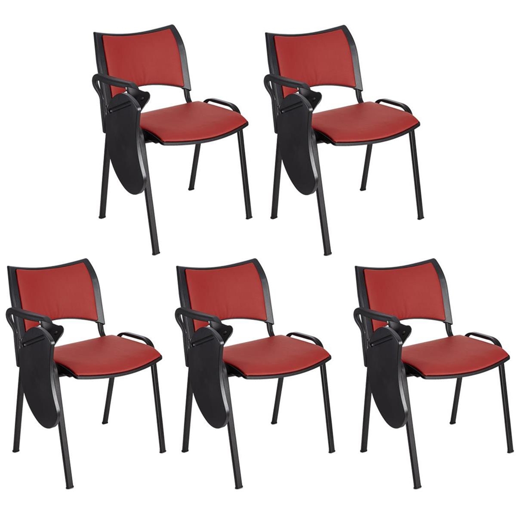 Sæt med 5 Konferencestole ROMEL MED BORD LÆDER, Behageligt Polstrede, Stabelbare, Sorte Ben, I Rød