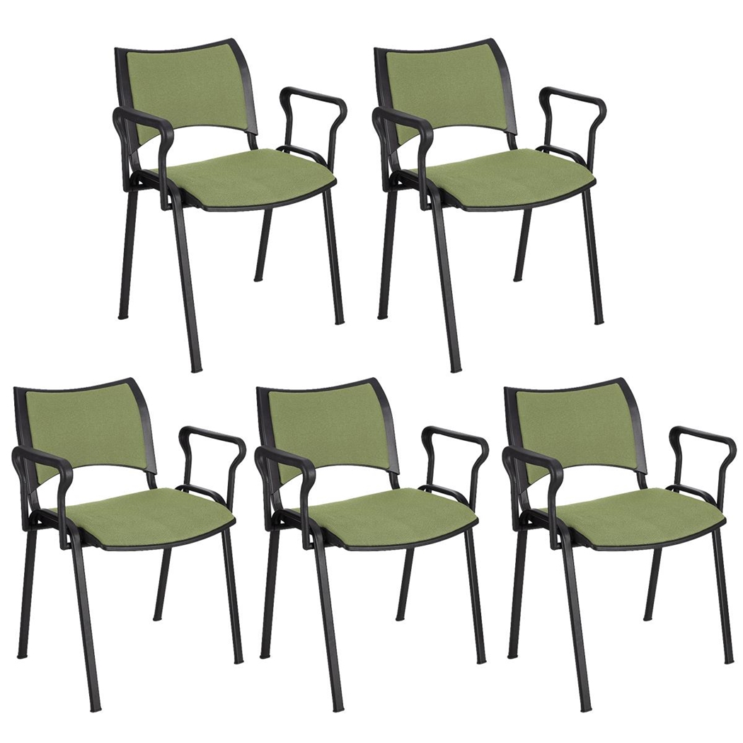 Sæt med 5 Konferencestole ROMEL MED ARMLÆN, Behageligt Polstrede, Stabelbare, Sorte Ben, I Grøn
