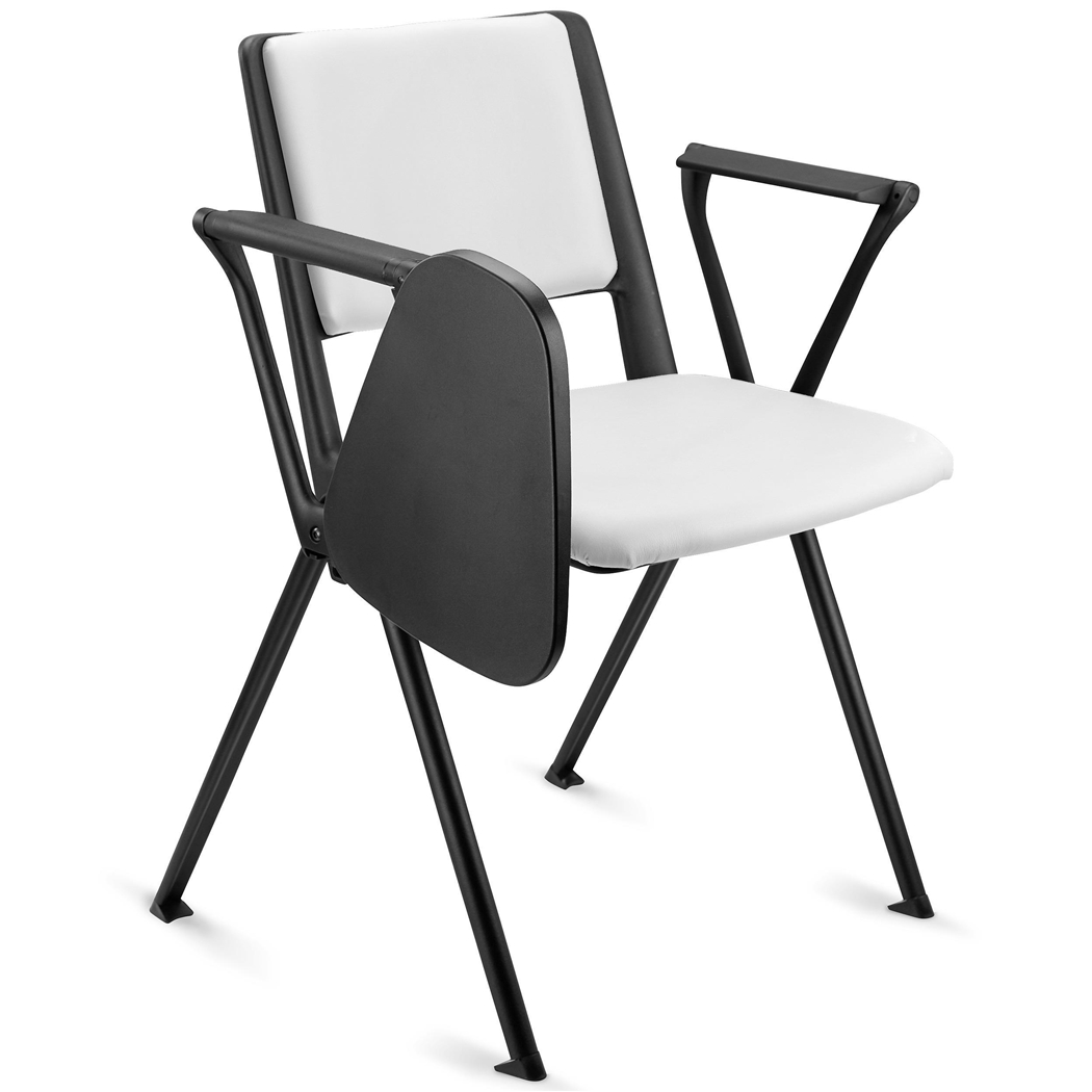 Konferencestol CARINA MED BORD, Stabelbar, Tilslutningskroge, Sorte Ben og Hvidt Læder