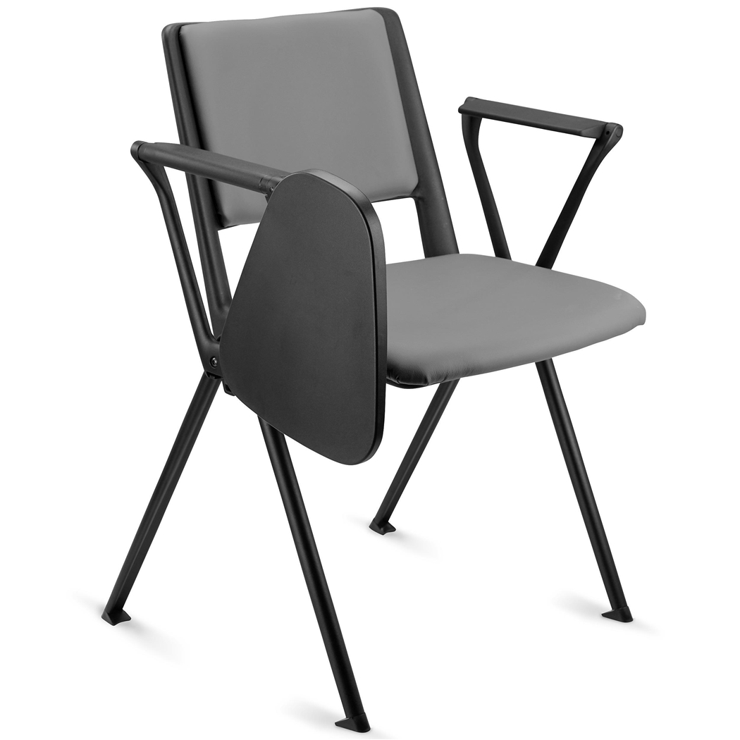 Konferencestol CARINA MED BORD, Stabelbar, Tilslutningskroge, Sorte Ben og Gråt Læder