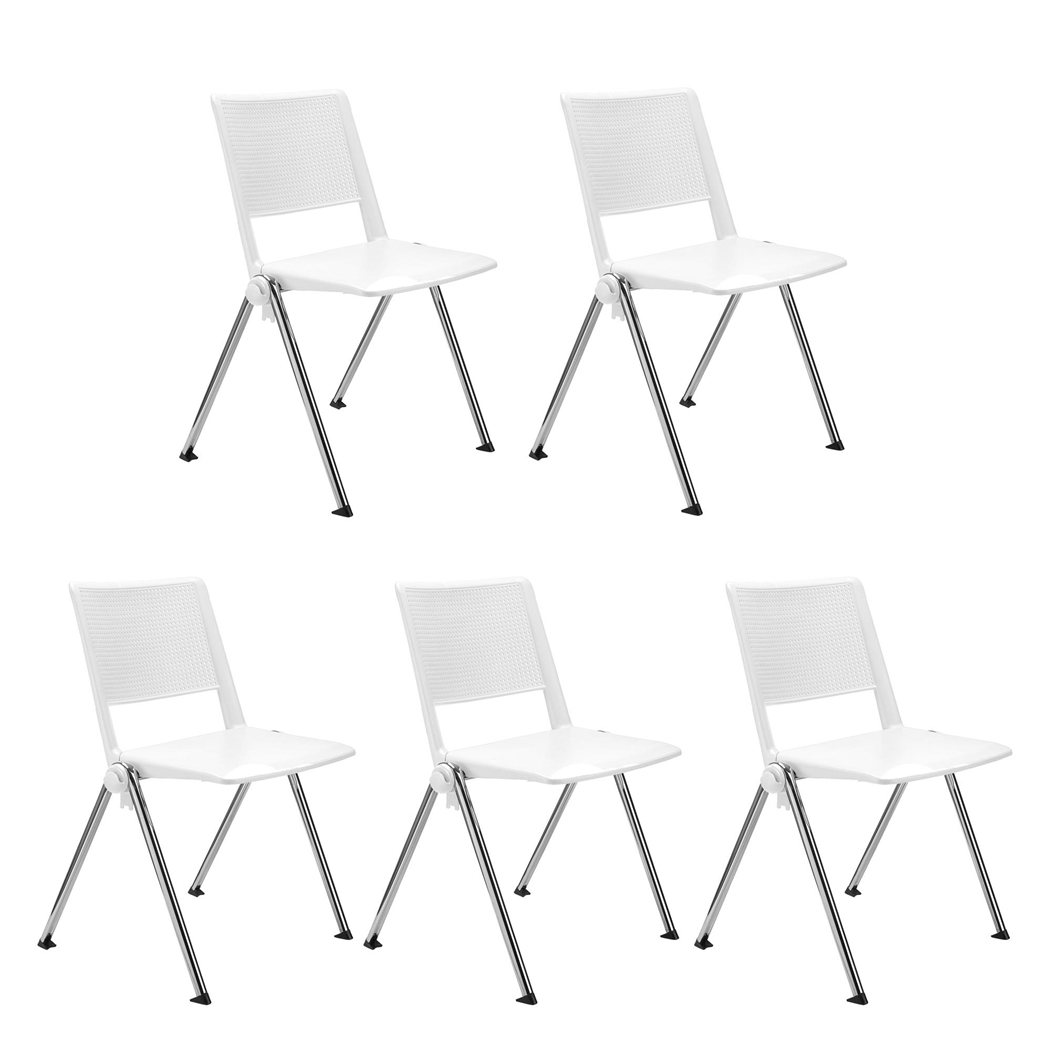 Sæt Med 5 Konferencestole CARINA, Stabelbare, Tilkoblingskroge, Krombelagte Ben, I Hvid
