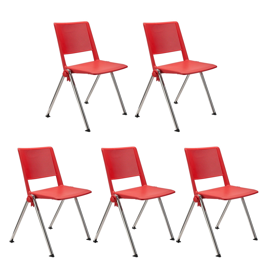 Sæt Med 5 Konferencestole CARINA, Stabelbare, Tilkoblingskroge, Krombelagte Ben, I Rød