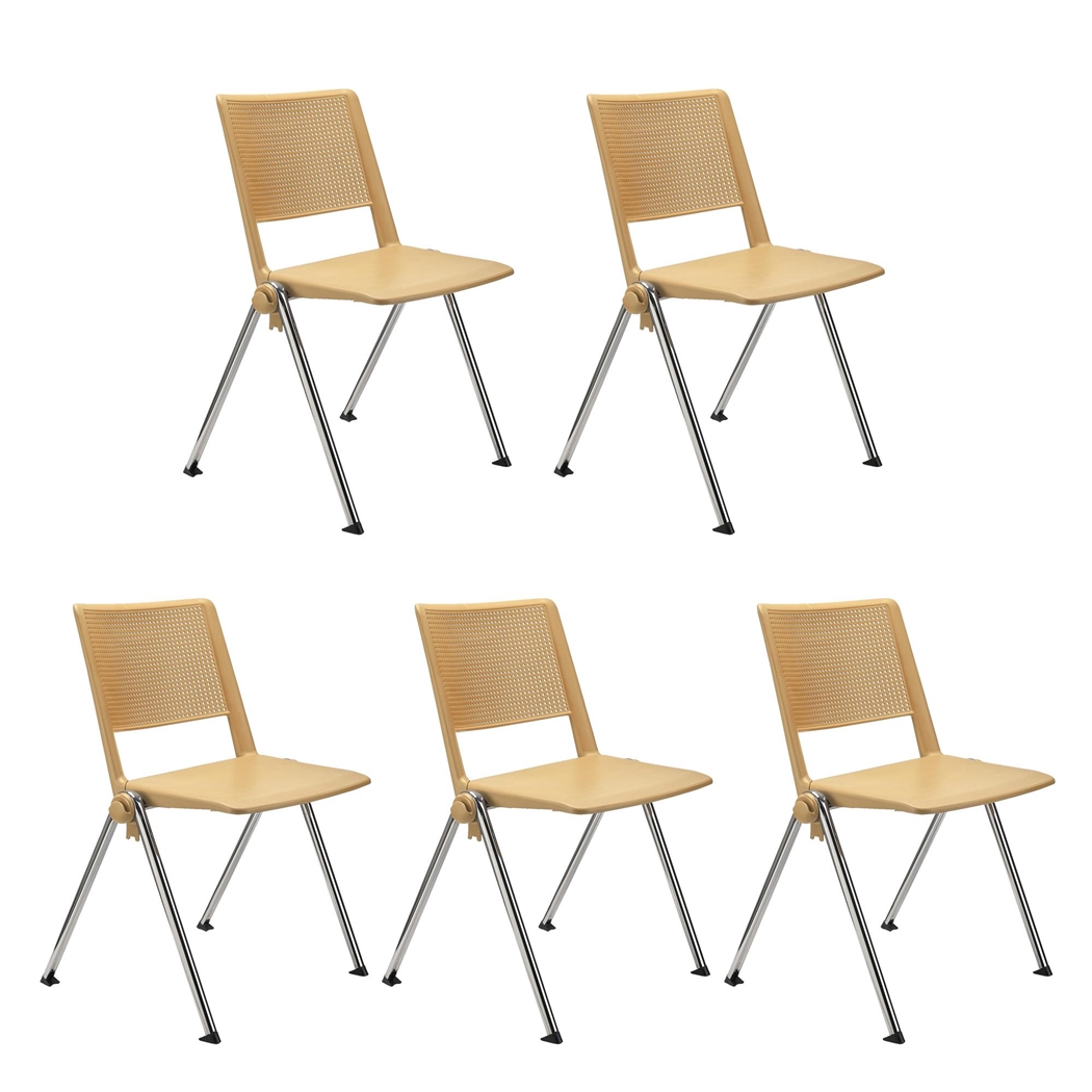 Sæt Med 5 Konferencestole CARINA, Stabelbare, Tilkoblingskroge, Krombelagte Ben, I Cremefarve