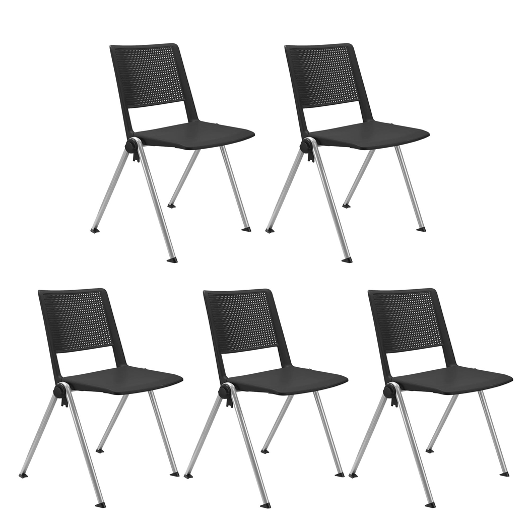 Sæt Med 5 Konferencestole CARINA, Stabelbare, Tilkoblingskroge, Grå Ben, I Sort