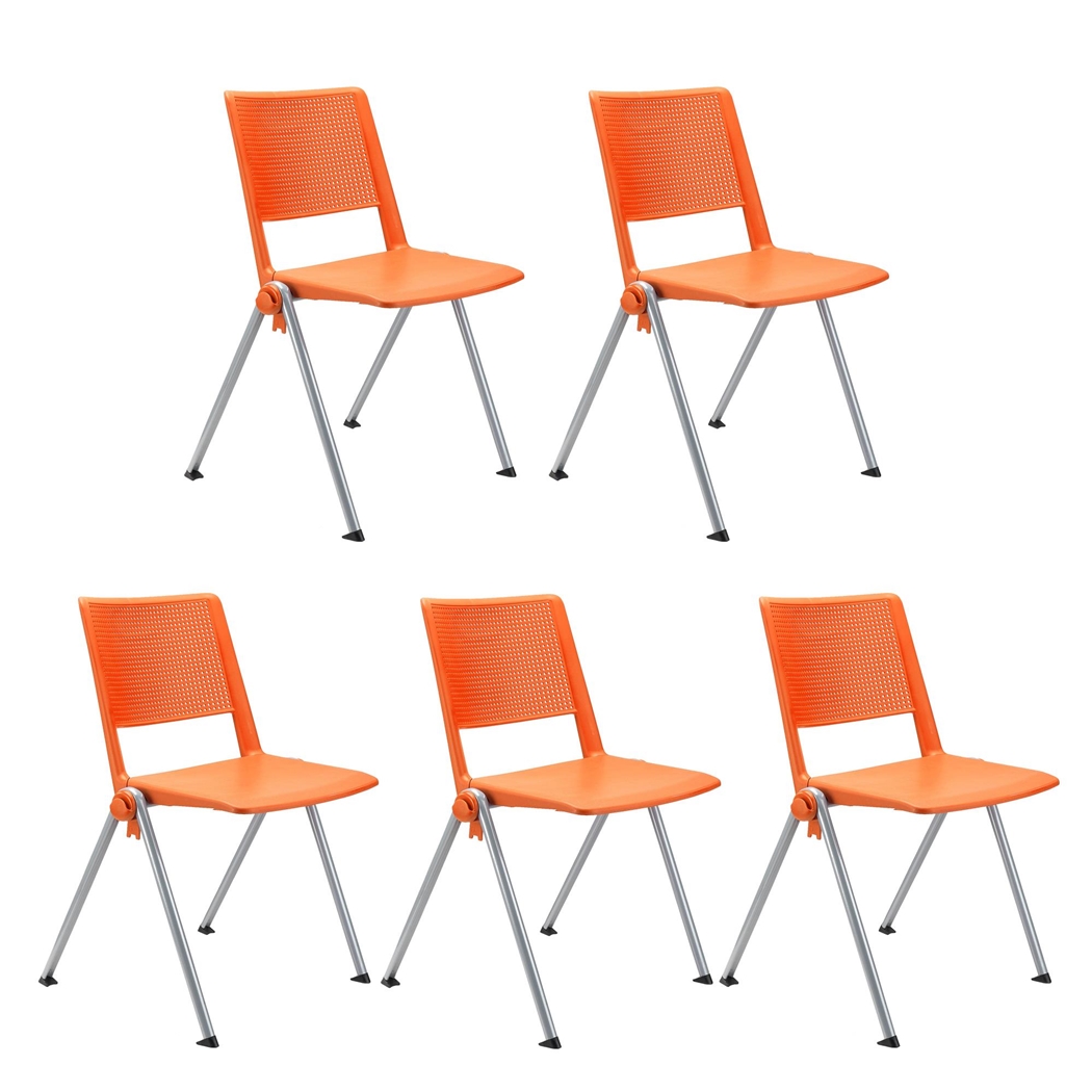Sæt Med 5 Konferencestole CARINA, Stabelbare, Tilkoblingskroge, Grå Ben, I Orange