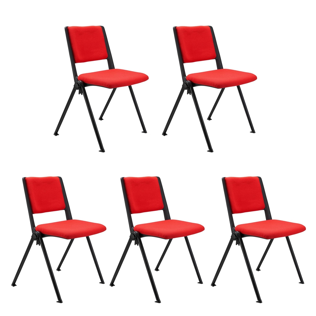 Sæt Med 5 Konferencestole CARINA, Stabelbare, Tilkoblingskroge, Sorte Ben, I Rød Stof