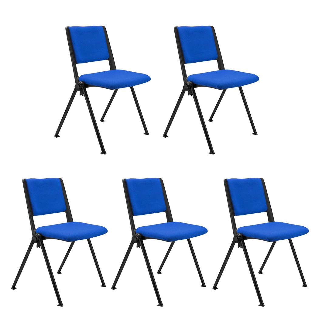 Sæt Med 5 Konferencestole CARINA, Stabelbare, Tilkoblingskroge, Sorte Ben, I Blå Stof