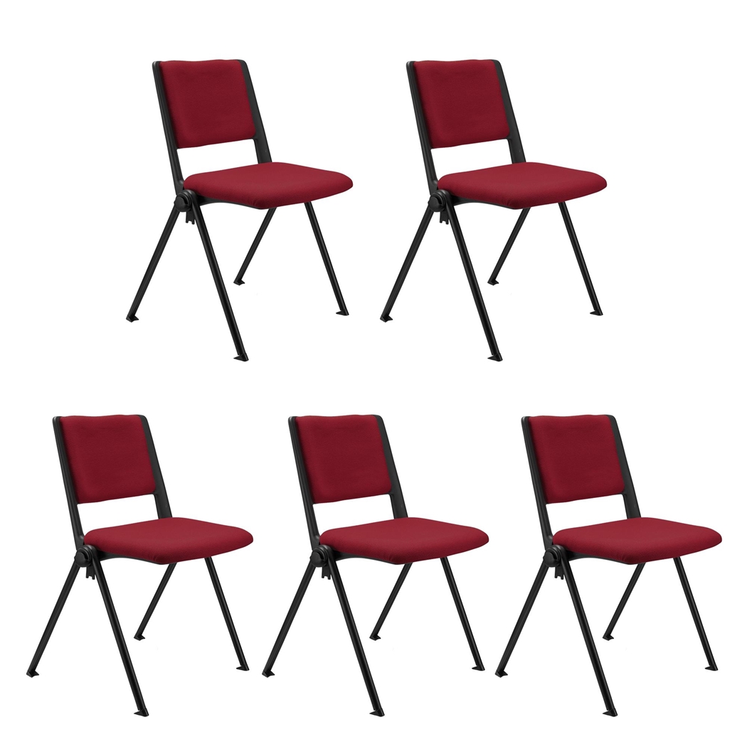 Sæt Med 5 Konferencestole CARINA, Stabelbare, Tilkoblingskroge, Sorte Ben, I Bordeaux Stof