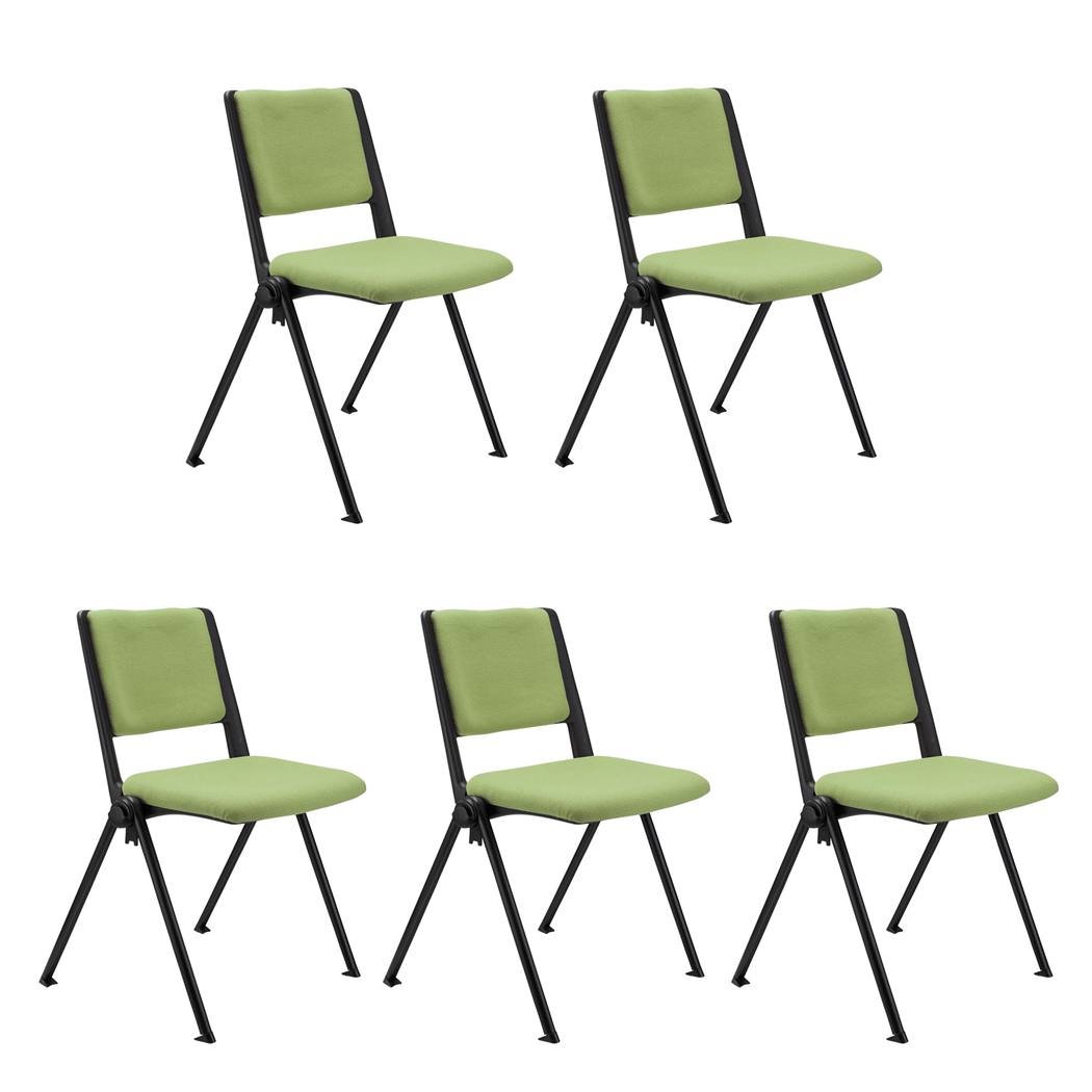 Sæt Med 5 Konferencestole CARINA, Stabelbare, Tilkoblingskroge, Sorte Ben, I Grønt Stof
