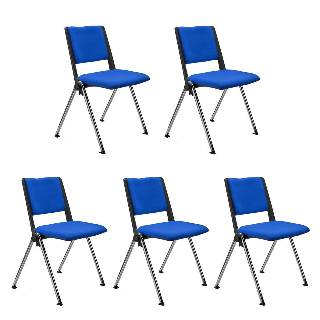 Sæt Med 5 Konferencestole CARINA, Stabelbare, Tilkoblingskroge, Krombelagte Ben, I Blåt Stof