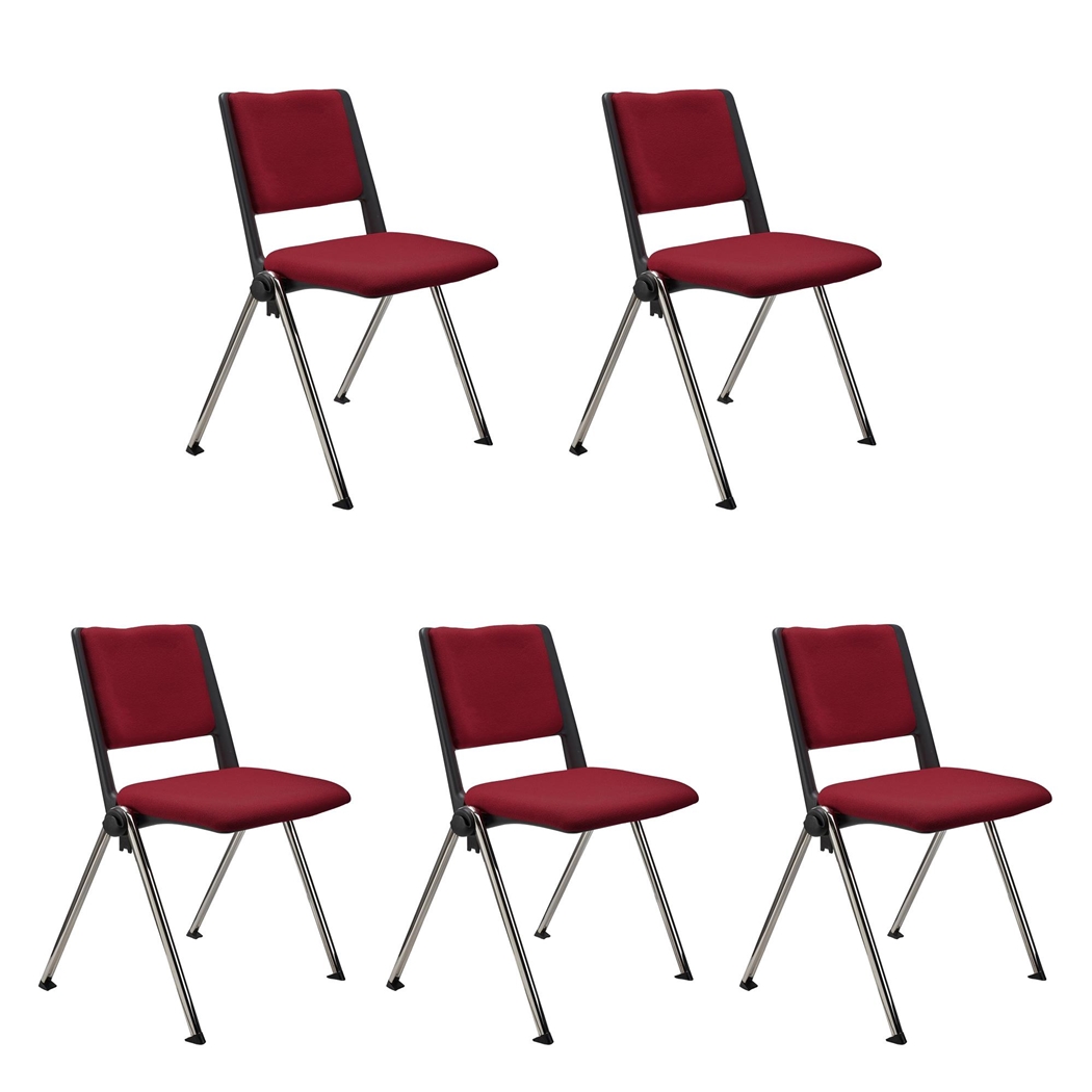Sæt Med 5 Konferencestole CARINA, Stabelbare, Tilkoblingskroge, Krombelagte Ben, I Bordeaux Stof