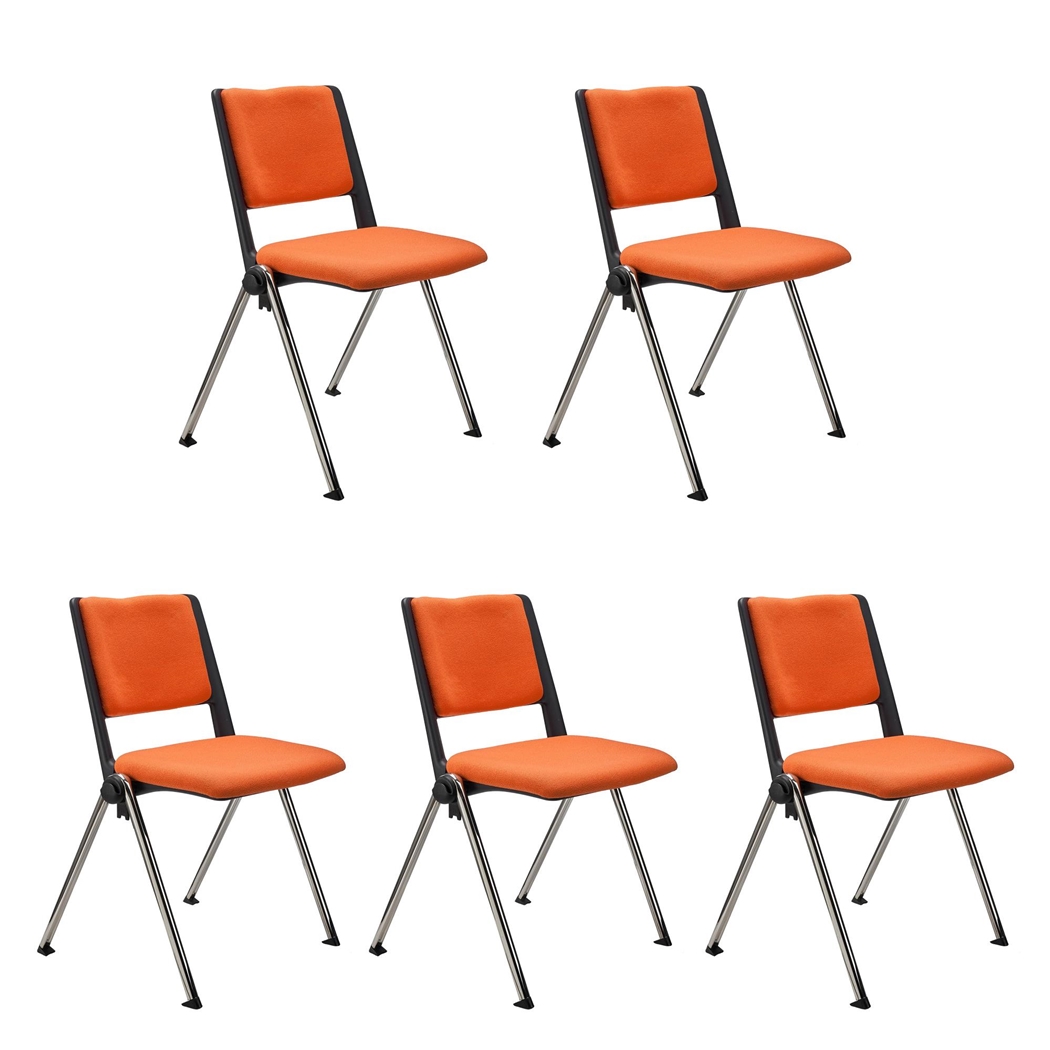 Sæt Med 5 Konferencestole CARINA, Stabelbare, Tilkoblingskroge, Krombelagte Ben, I Orange Stof