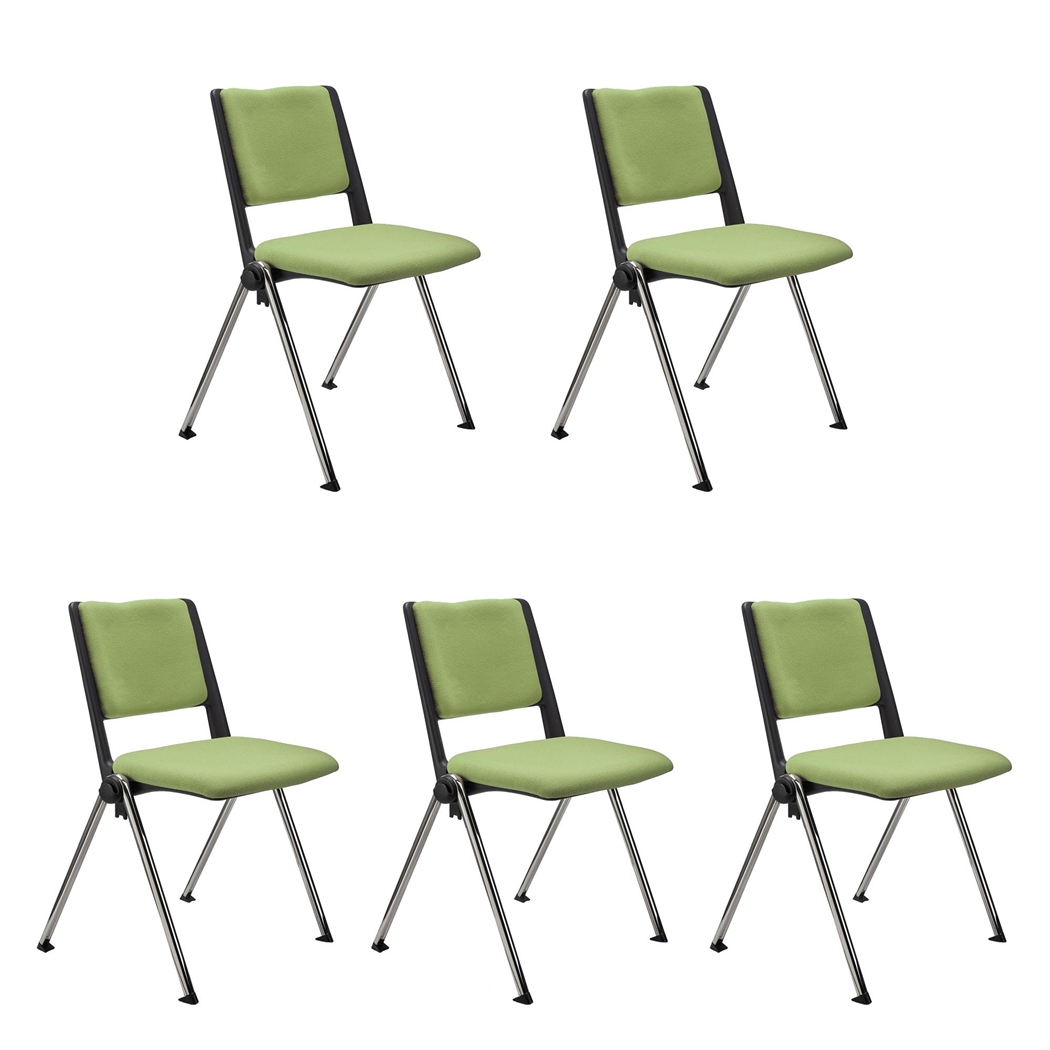 Sæt Med 5 Konferencestole CARINA, Stabelbare, Tilkoblingskroge, Krombelagte Ben, I Grønt Stof