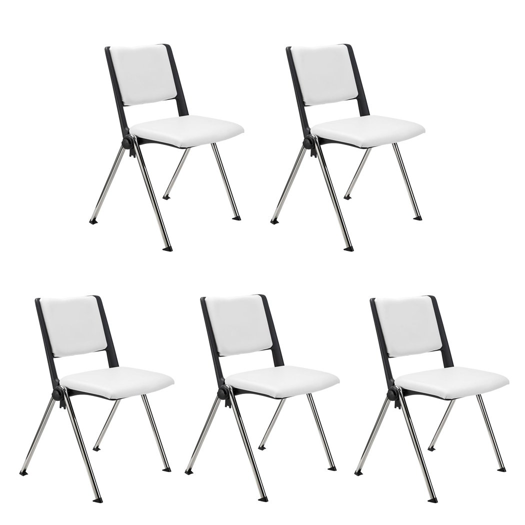 Sæt Med 5 Konferencestole CARINA, Stabelbare, Tilkoblingskroge, Krombelagte Ben, I Hvid Læder