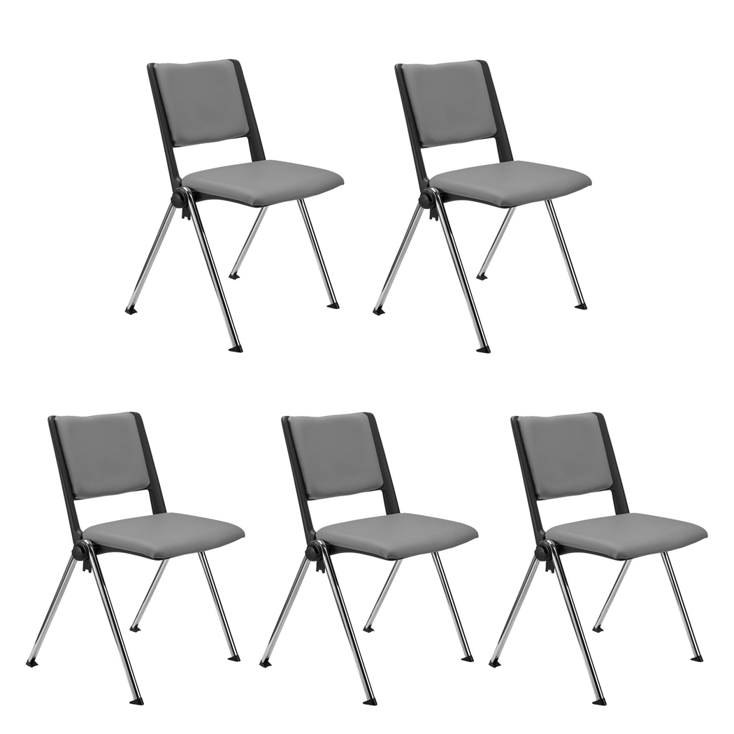 Sæt Med 5 Konferencestole CARINA, Stabelbare, Tilkoblingskroge, Krombelagte Ben, I Grå Læder