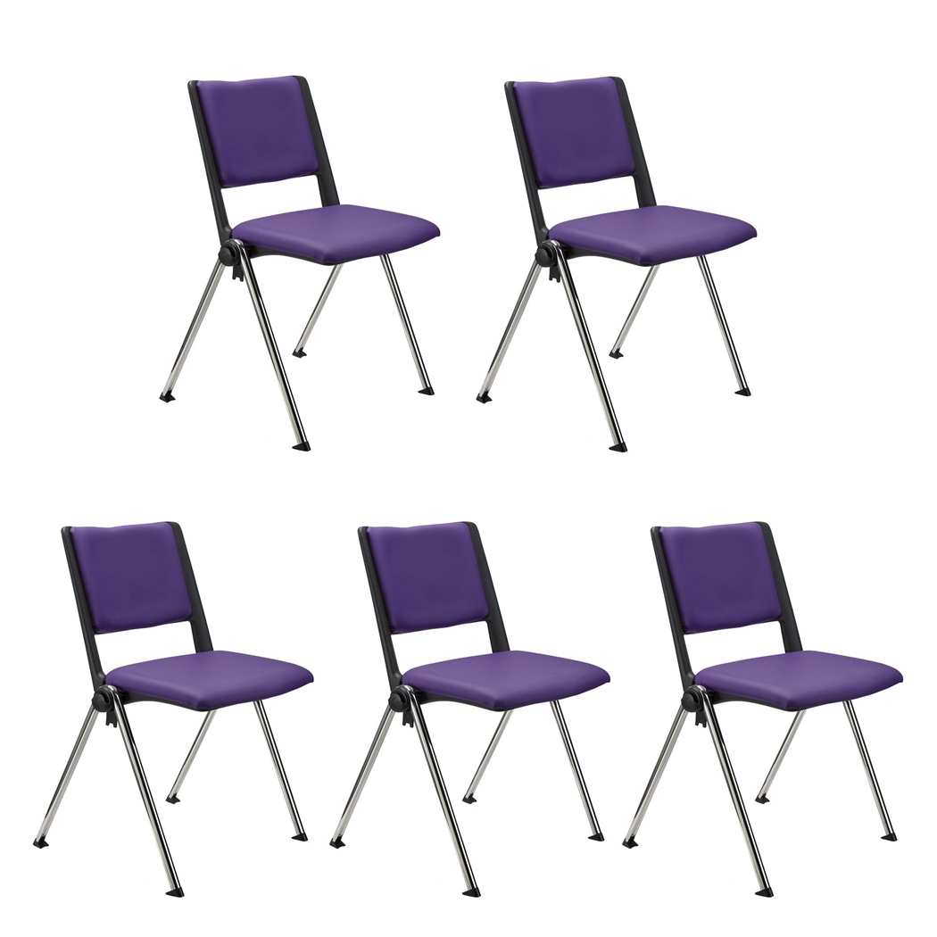 Sæt Med 5 Konferencestole CARINA, Stabelbare, Tilkoblingskroge, Krombelagte Ben, I Lilla Læder