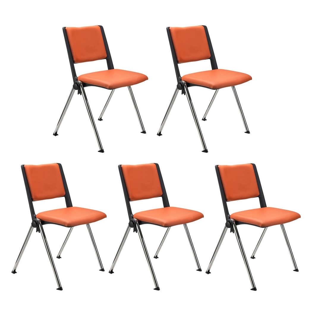 Sæt Med 5 Konferencestole CARINA, Stabelbare, Tilkoblingskroge, Krombelagte Ben, I Orange Læder