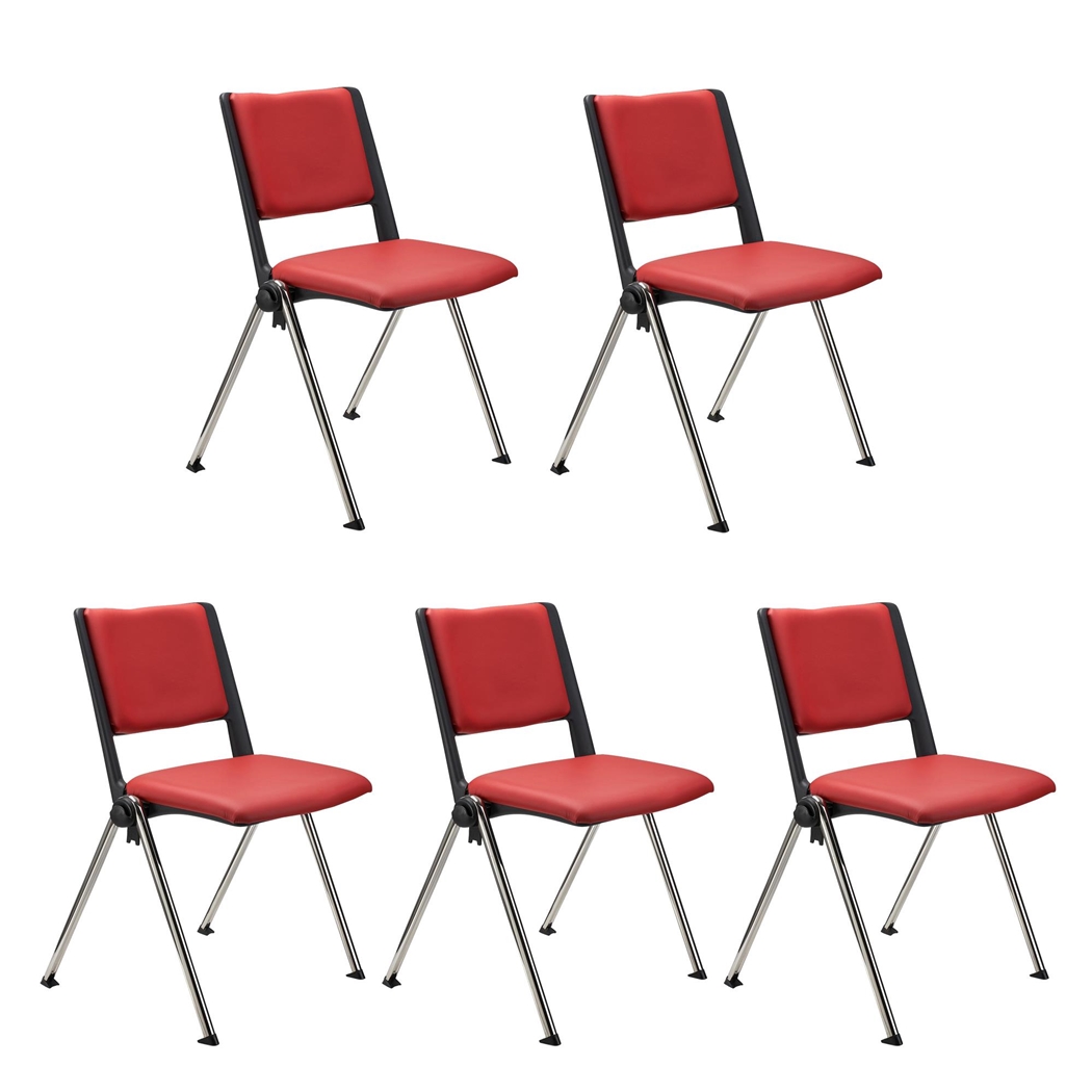 Sæt Med 5 Konferencestole CARINA, Stabelbare, Tilkoblingskroge, Krombelagte Ben, I Rød Læder
