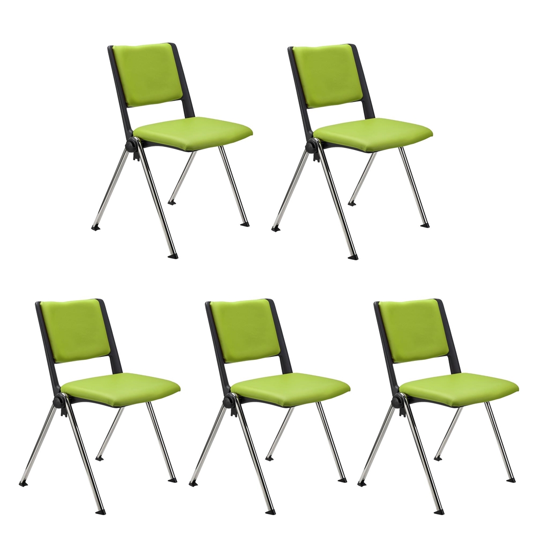 Sæt Med 5 Konferencestole CARINA, Stabelbare, Tilkoblingskroge, Krombelagte Ben, I Grøn Læder
