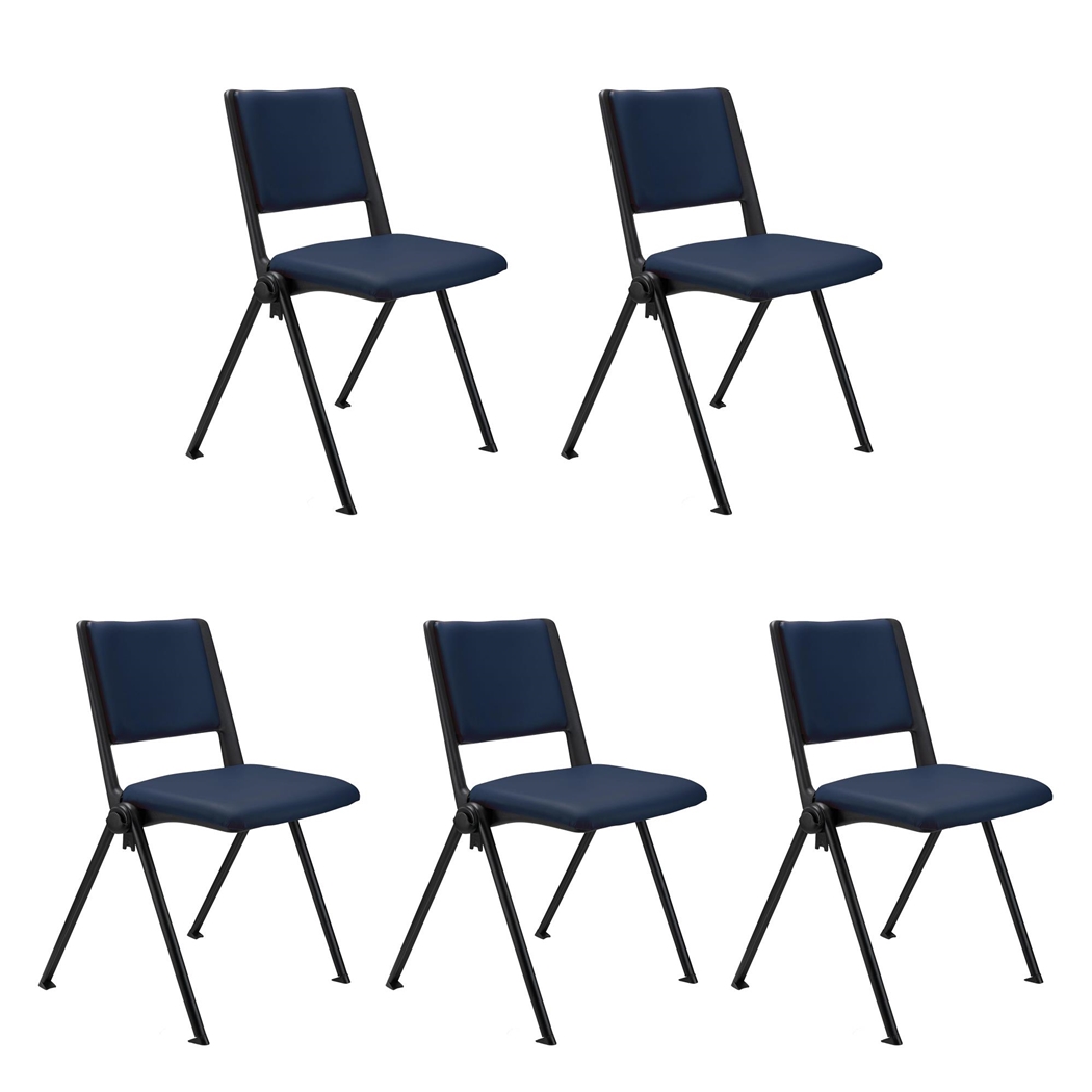 Sæt Med 5 Konferencestole CARINA, Stabelbare, Tilkoblingskroge, Sorte Ben, I Blå Læder