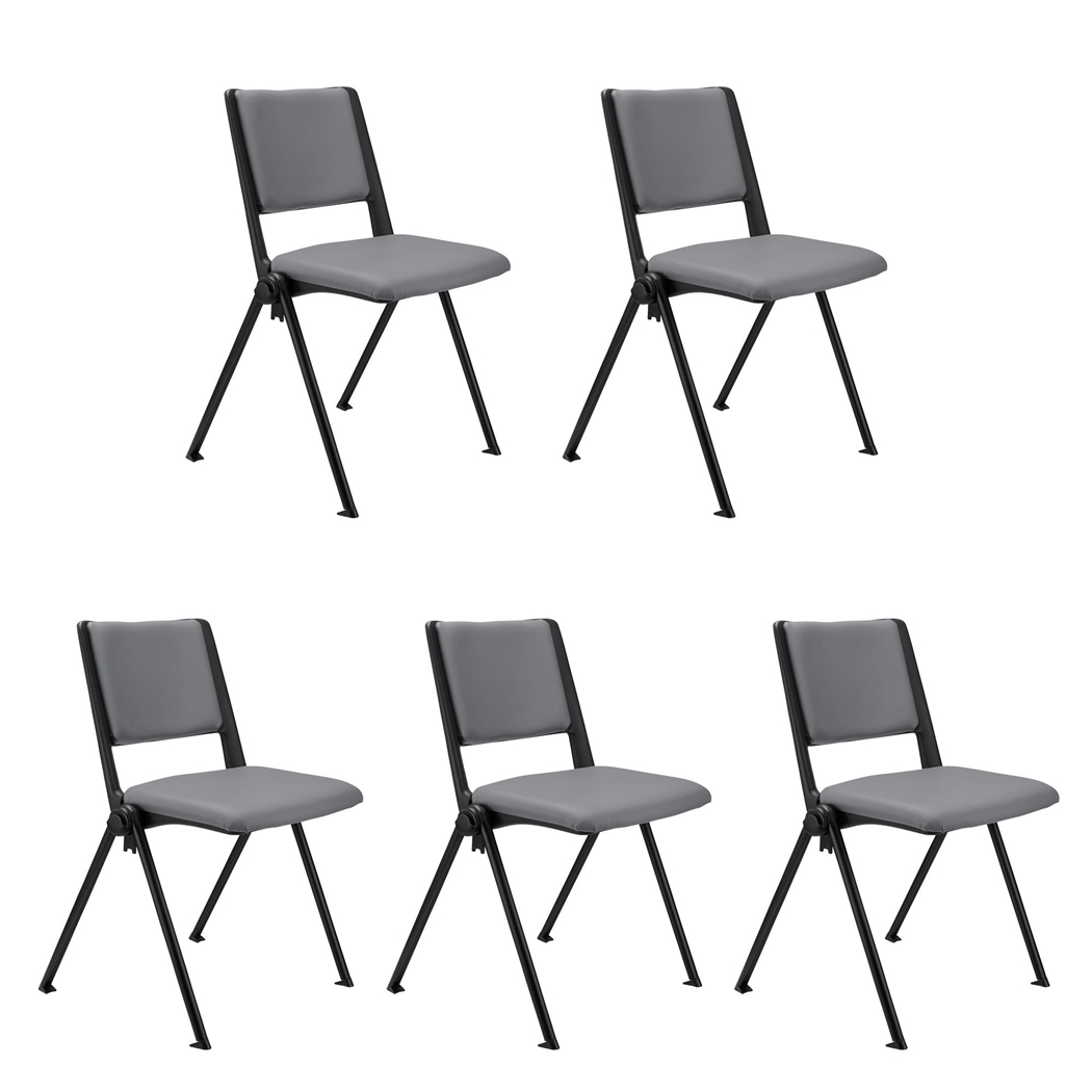 Sæt Med 5 Konferencestole CARINA, Stabelbare, Tilkoblingskroge, Sorte Ben, I Grå Læder
