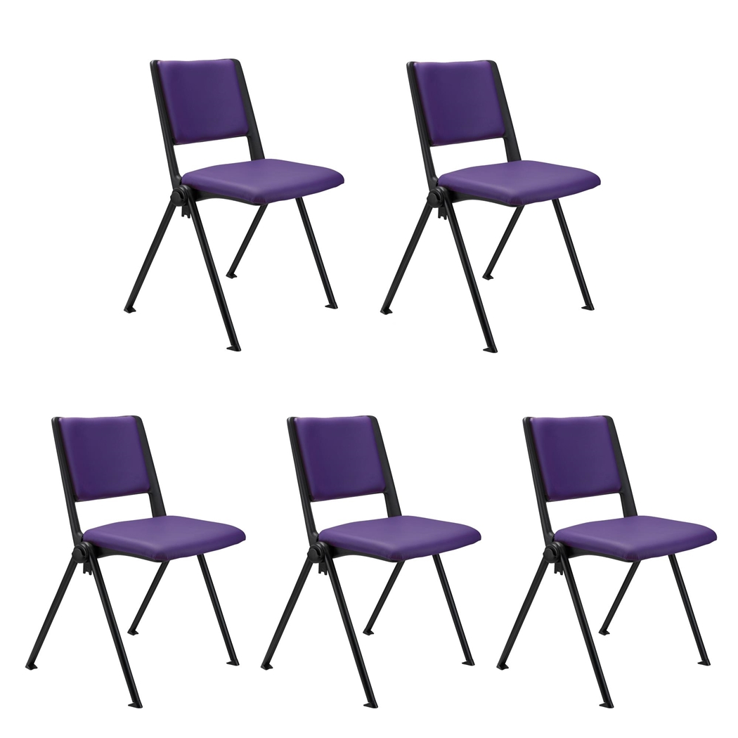 Sæt Med 5 Konferencestole CARINA, Stabelbare, Tilkoblingskroge, Sorte Ben, I Lilla Læder