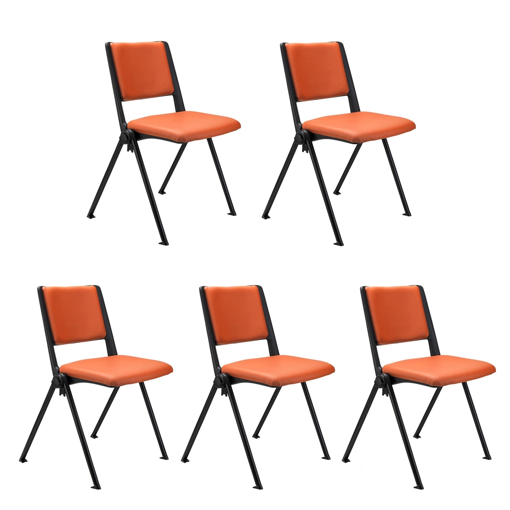 Sæt Med 5 Konferencestole CARINA, Stabelbare, Tilkoblingskroge, Sorte Ben, I Orange Læder