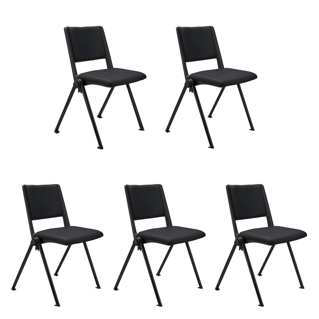 Sæt Med 5 Konferencestole CARINA, Stabelbare, Tilkoblingskroge, Sorte Ben, I Sort Læder