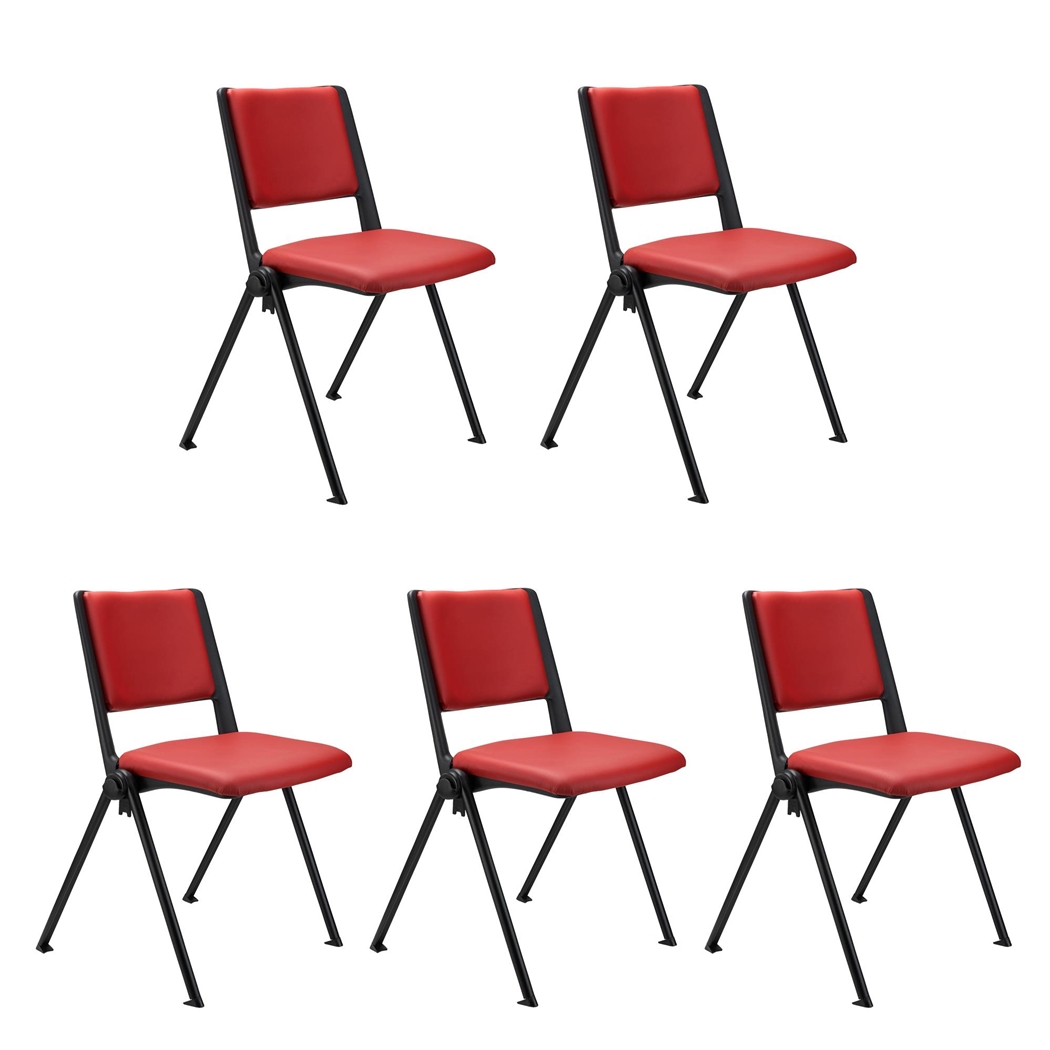 Sæt Med 5 Konferencestole CARINA, Stabelbare, Tilkoblingskroge, Sorte Ben, I Rød Læder