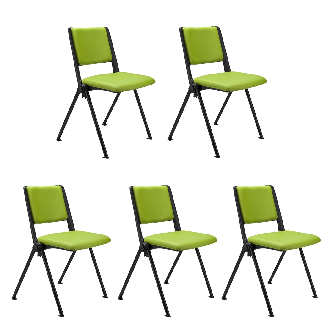 Sæt Med 5 Konferencestole CARINA, Stabelbare, Tilkoblingskroge, Sorte Ben, I Grøm Læder