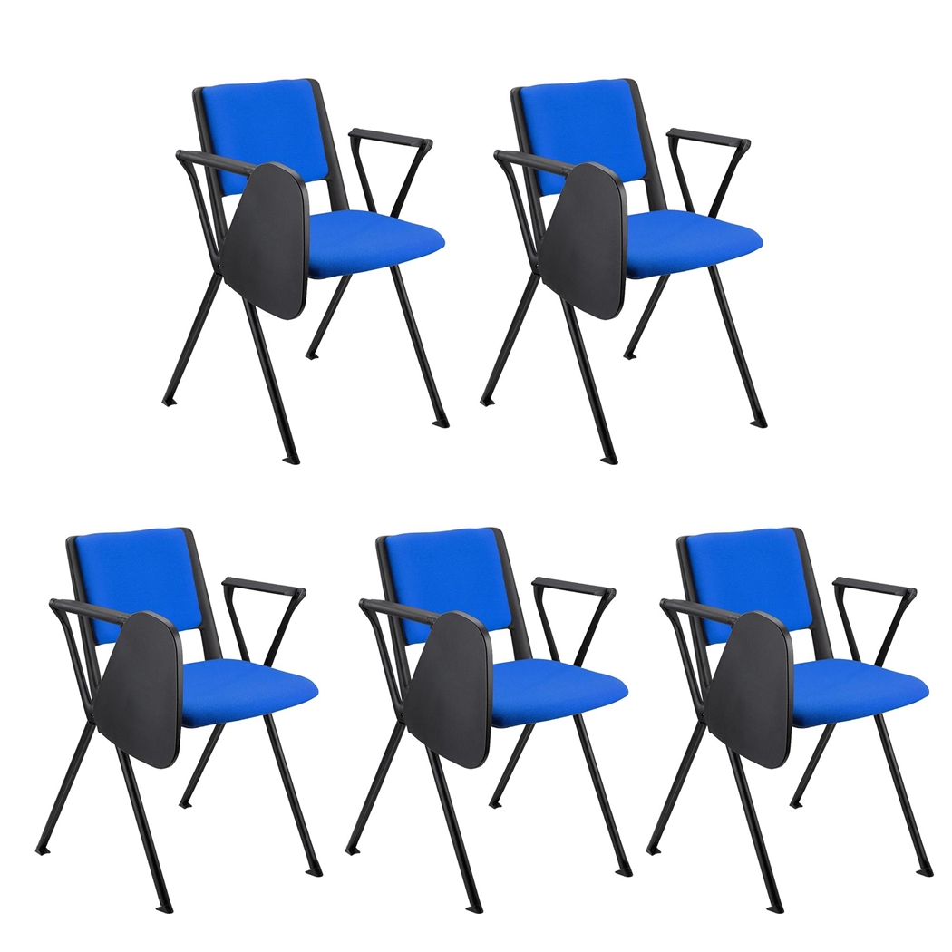Sæt Med 5 Konferencestole CARINA MED BORD, Stabelbare, Tilkoblingskroge, Sorte Ben, I Blå Stof